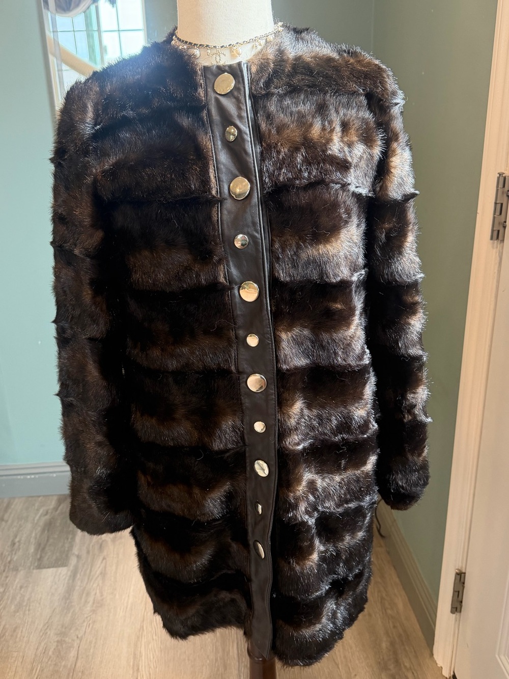 Zara Dark Brown Faux Fur Button-Front Trench Coat